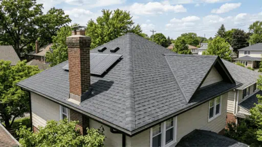 house with hip roof asphalt shingles pyramid-style roof with chimney and solar panels suburban neighborhood