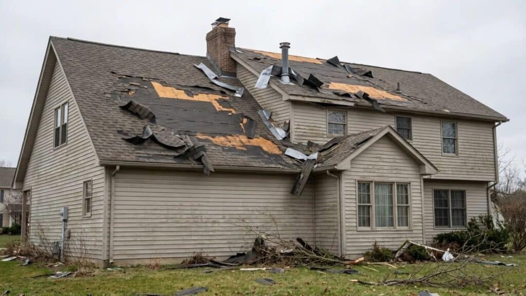 house with severe storm damage, showing large sections of missing and torn roof shingles, exposed roof decking, and debris scattered across the yard