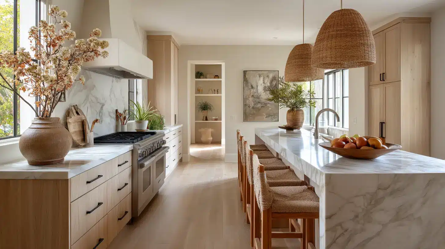 Modern kitchen with marble countertops, wicker pendant lights, and wooden bar stools
