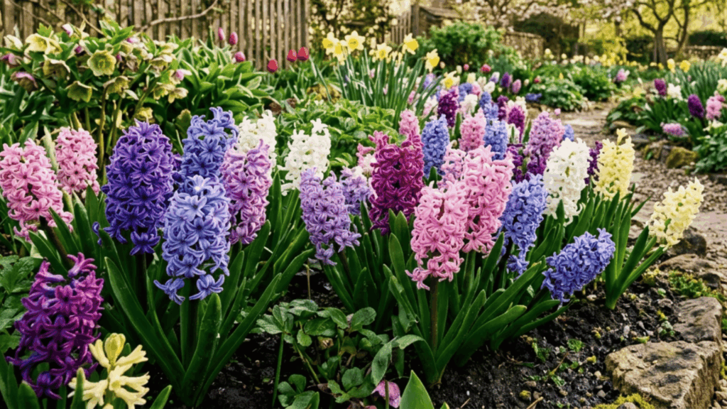 hyacinth flowers with dense purple pink and white blooms in a garden with soft spring lighting