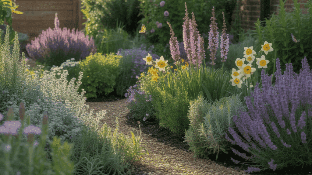 image of a beautiful garden with different sections, each featuring deer-resistant plants. Include plants like Lamb’s Ear, Lavender, Rosemary, Foxglove, Daffodils, and other herbs and flowers know