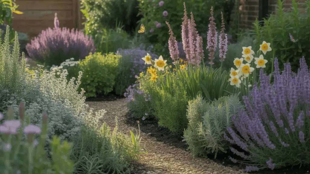 image of a beautiful garden with different sections, each featuring deer-resistant plants. Include plants like Lamb’s Ear, Lavender, Rosemary, Foxglove, Daffodils, and other herbs and flowers know