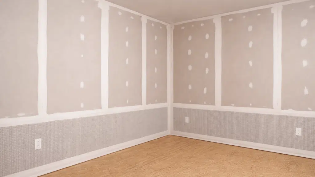 image showing drywall installation in a room with visible seams and edges, ready for finishing and painting, showcasing paperless drywall