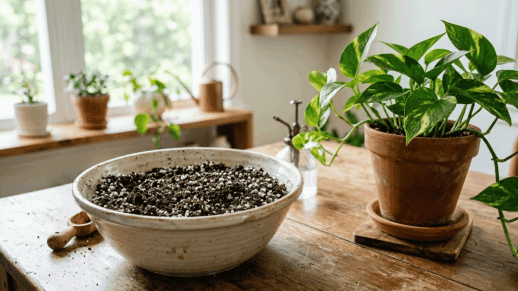 indoor potting soil with perlite mixed in a bowl beside a healthy pothos plant showing light texture