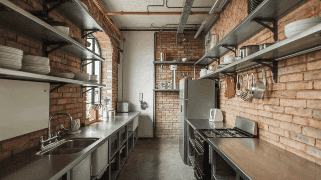 industrial design elements like exposed brick and steel shelves in a galley kitchen.