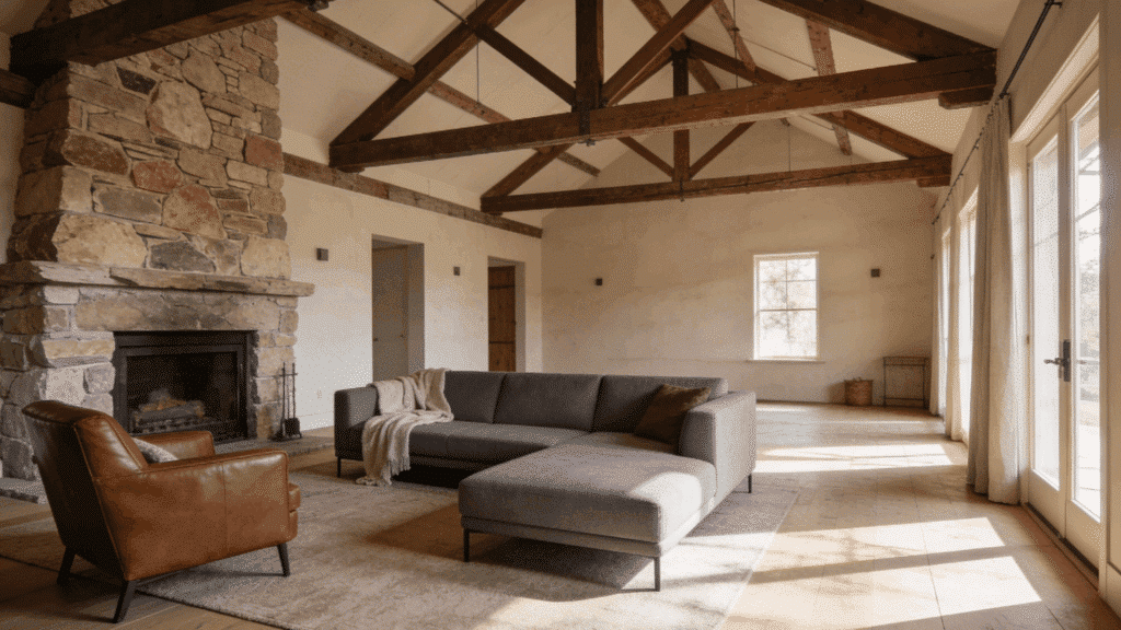 industrial farmhouse living room with stone fireplace and exposed beams