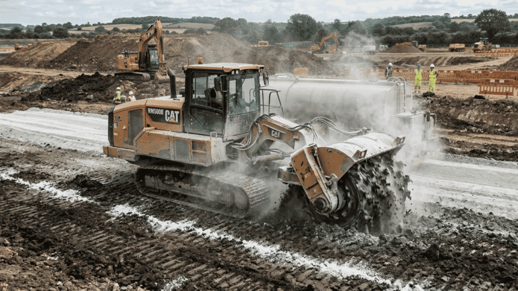 industrial reclaimer mixing white lime powder into dark clay soil to create a reinforced foundation.