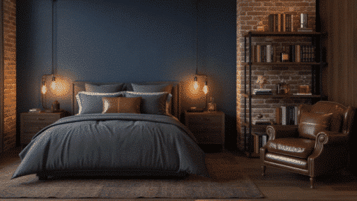 industrial style bedroom with dark blue walls, exposed brick, pendant lights, and a leather armchair