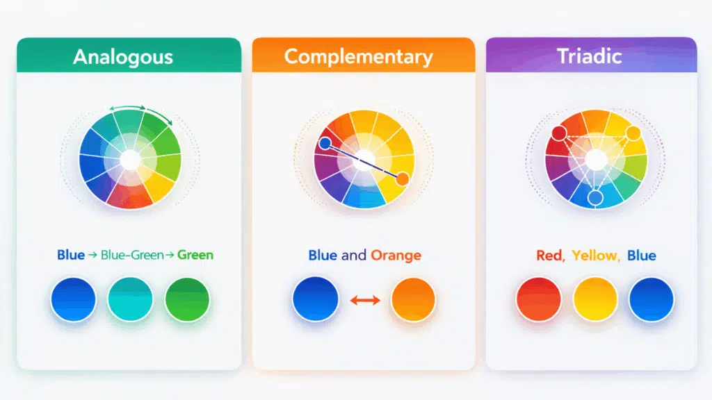 infographic showing analogous, complementary, and triadic color schemes with color wheels
