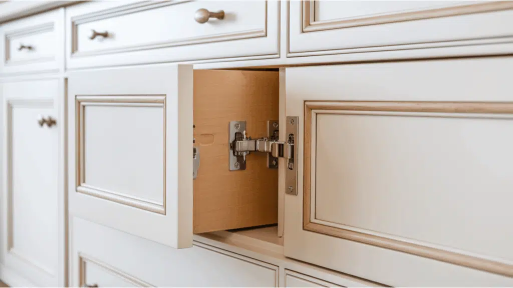 inset cabinet hinge on an open cream face frame cabinet showing the door sitting flush inside the frame with hinge visible