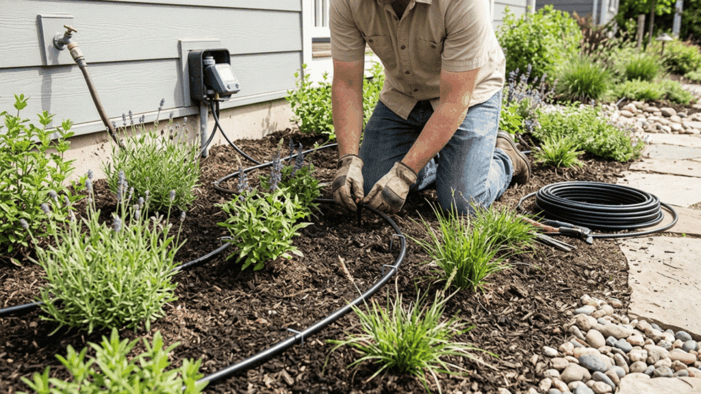 installing drip irrigation system in garden bed with plants and mulch for efficient watering.