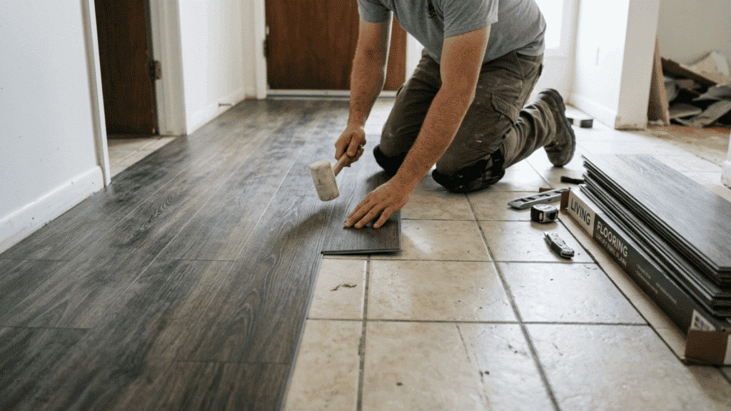 installing vinyl plank flooring over tile with tools and mallet.