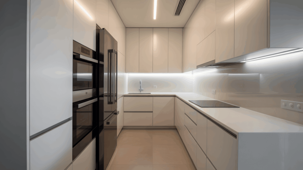 integrated appliances blending seamlessly into a modern galley kitchen layout.