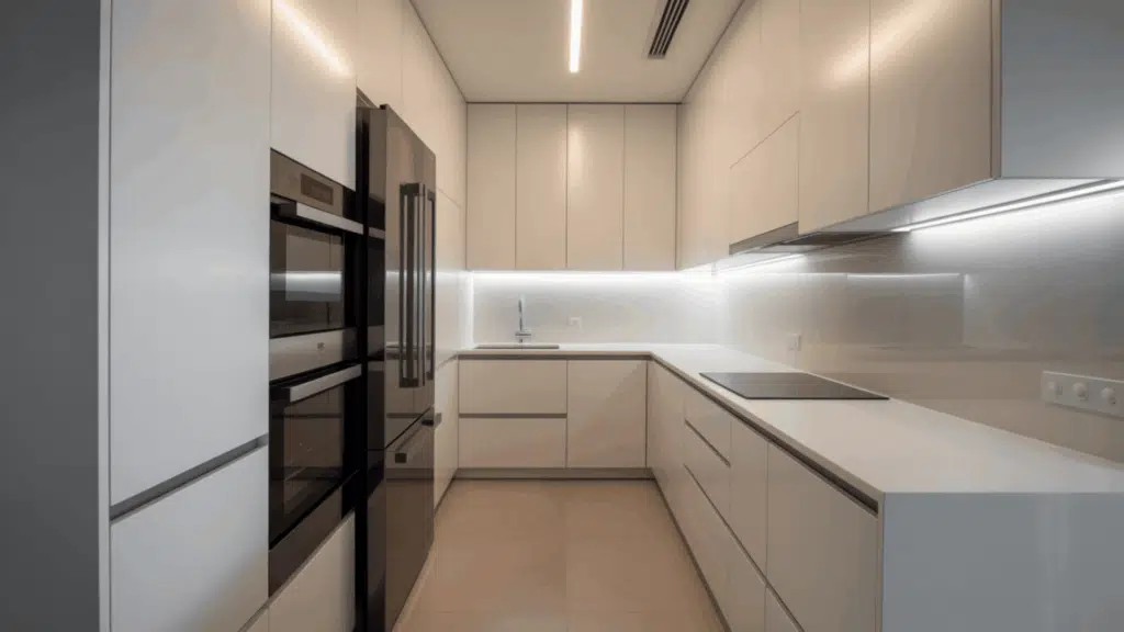 integrated appliances blending seamlessly into a modern galley kitchen layout.