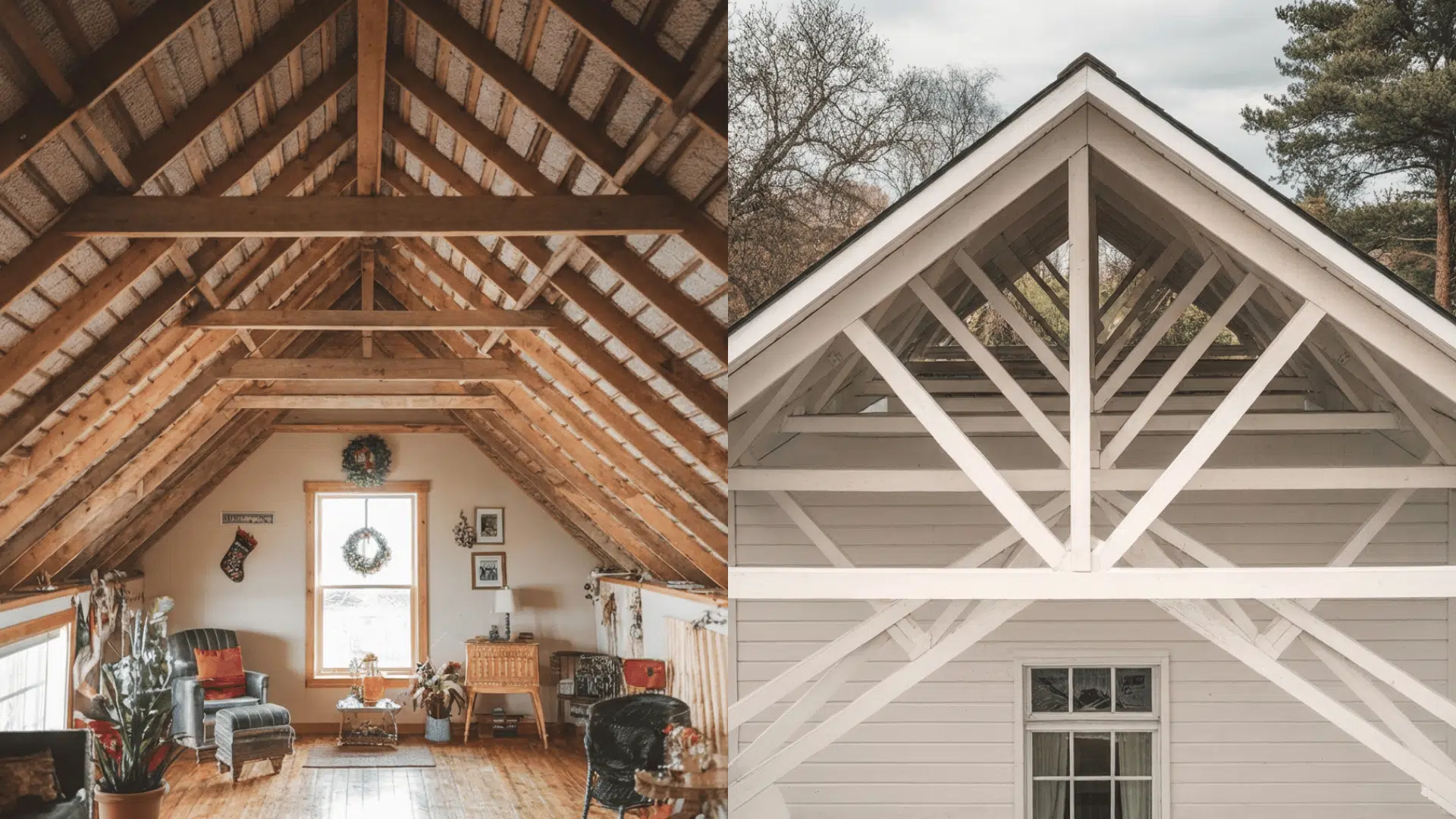 interior view of a wooden rafter roof and an exterior view of a trussed roof structure.
