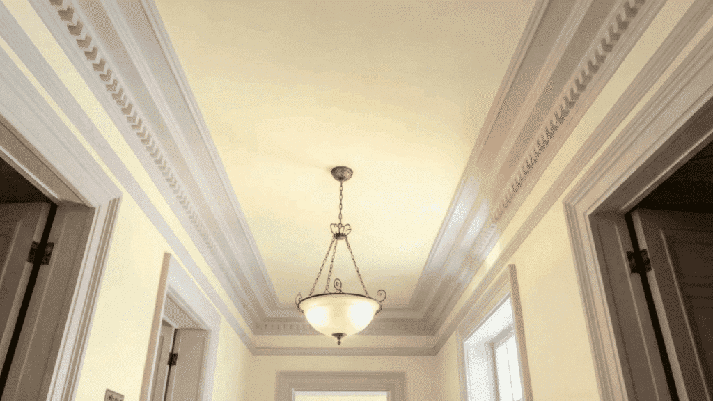 ivory ceiling with intricate white molding and a vintage chandelier in a hallway