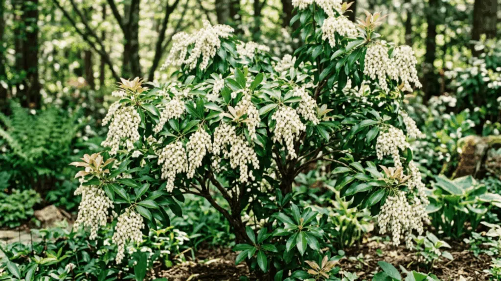 japanese pieris close shot with cascading white flowers and glossy leaves in partial shade plant fully visible not cut from above with crisp detail