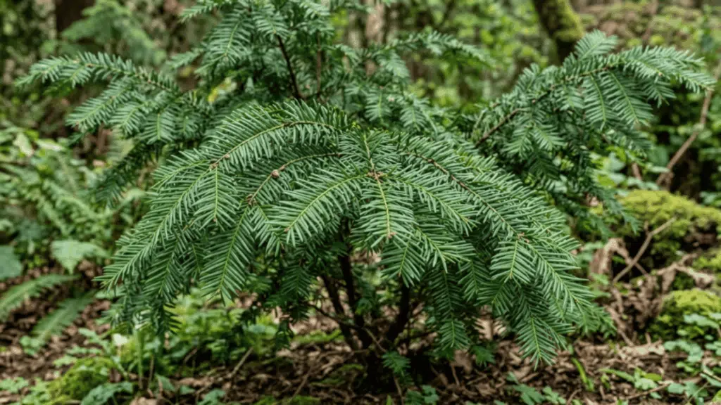 japanese plum yew close up with soft needle foliage deep green tones in diffused light plant fully visible not cut from above with clear texture
