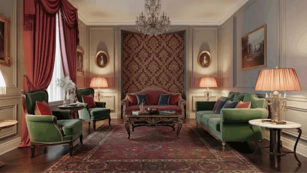 jewel tones with neutral tones ina living room space