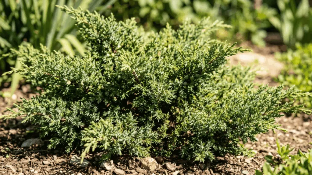 juniper shrub close view with textured needle foliage natural green tones in sunlight plant fully visible not cut from above with sharp focus