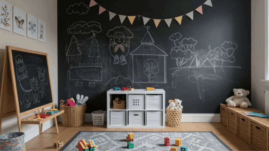 kids playroom with chalkboard wall drawings, toy storage cubes, baskets, stuffed animals, and colorful play area designed for creativity and learning