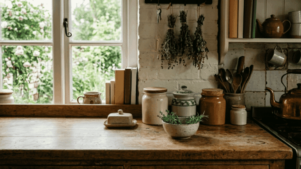 kitchen counter with ceramic jars wooden surface soft lighting and cottage style decor creating a simple and organized setup