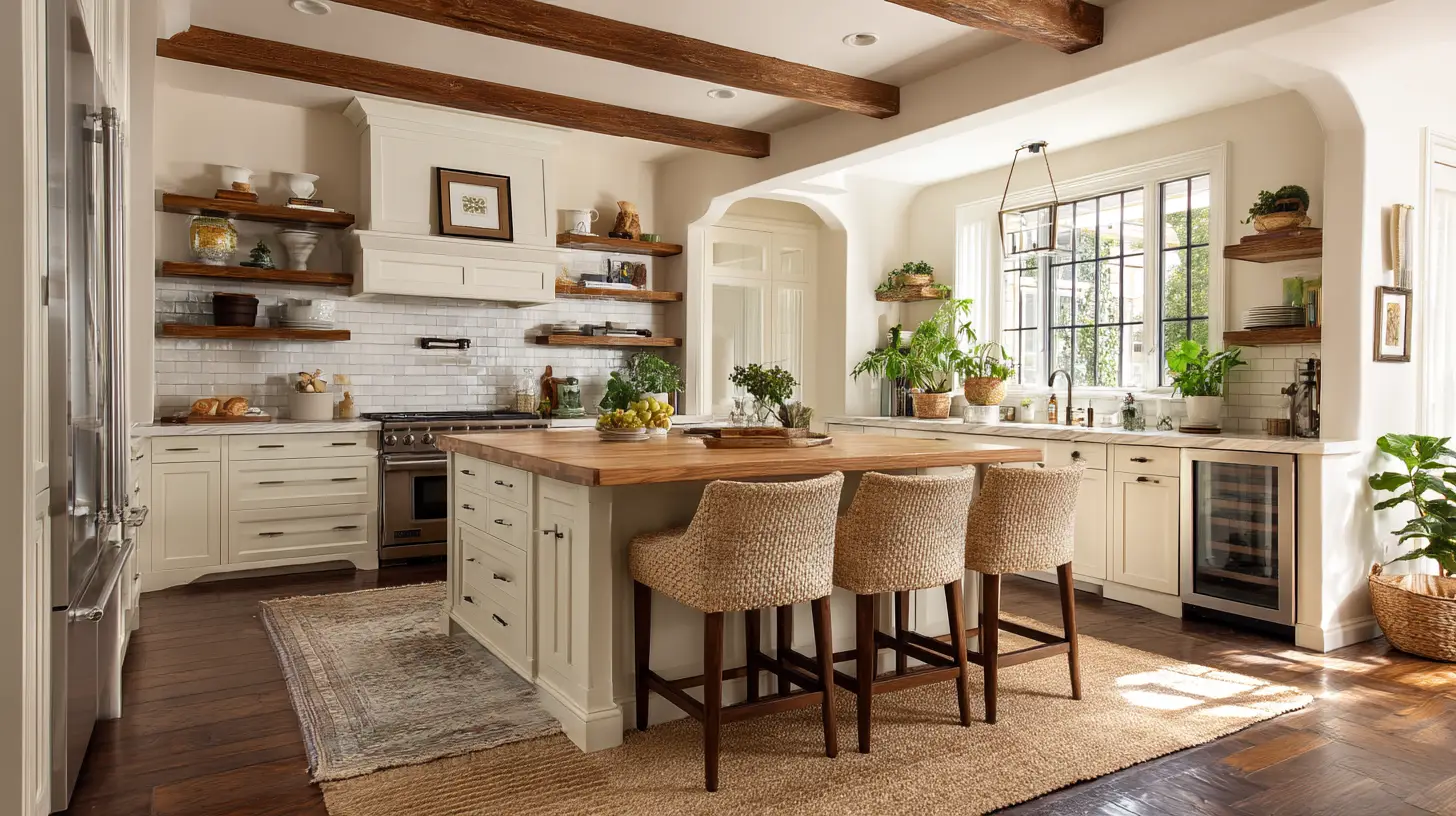 Cozy farmhouse kitchen with rustic wood beams, potted plants, and a large island with woven stools