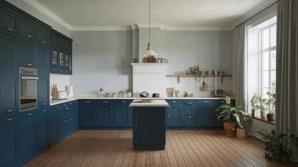 kitchen painted in navy blue and light blue shades