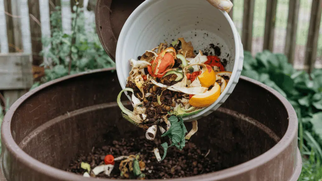 kitchen scraps including vegetable peels and coffee grounds being added to an outdoor compost bin