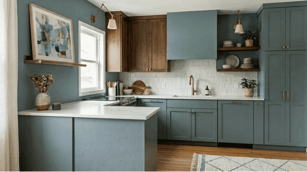 kitchen with Debonair blue cabinets, white countertops, and warm wood accents.