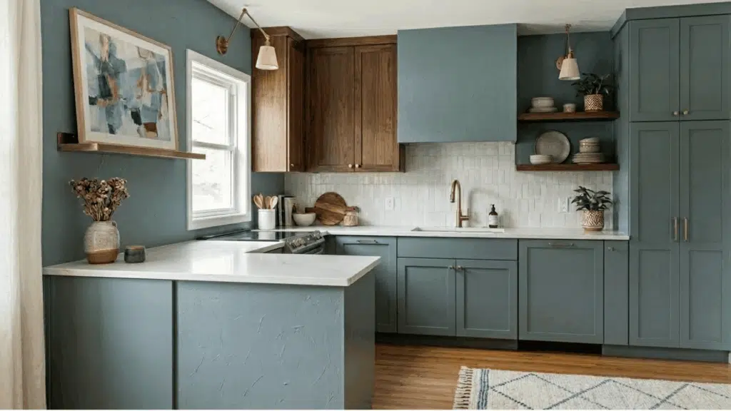 kitchen with Debonair blue cabinets, white countertops, and warm wood accents.