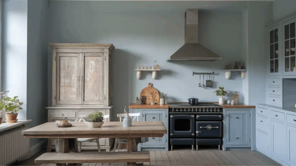 kitchen with aleutian colored walls and cabinets