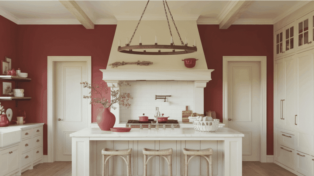 kitchen with barn red walls, white cabinets, large island, and rustic chandelier.