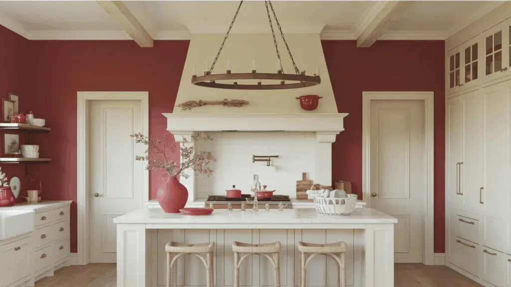 kitchen with barn red walls, white cabinets, large island, and rustic chandelier.