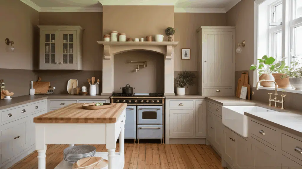 kitchen with beige walls, cream cabinets, wood island, and vintage stove. (1)