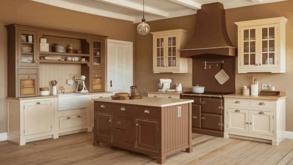 kitchen with brown cabinets, cream accents, wooden island, and vintage stove.