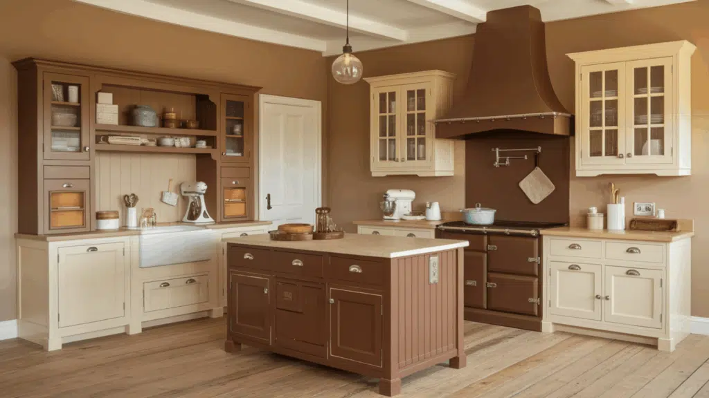 kitchen with brown cabinets, cream accents, wooden island, and vintage stove.