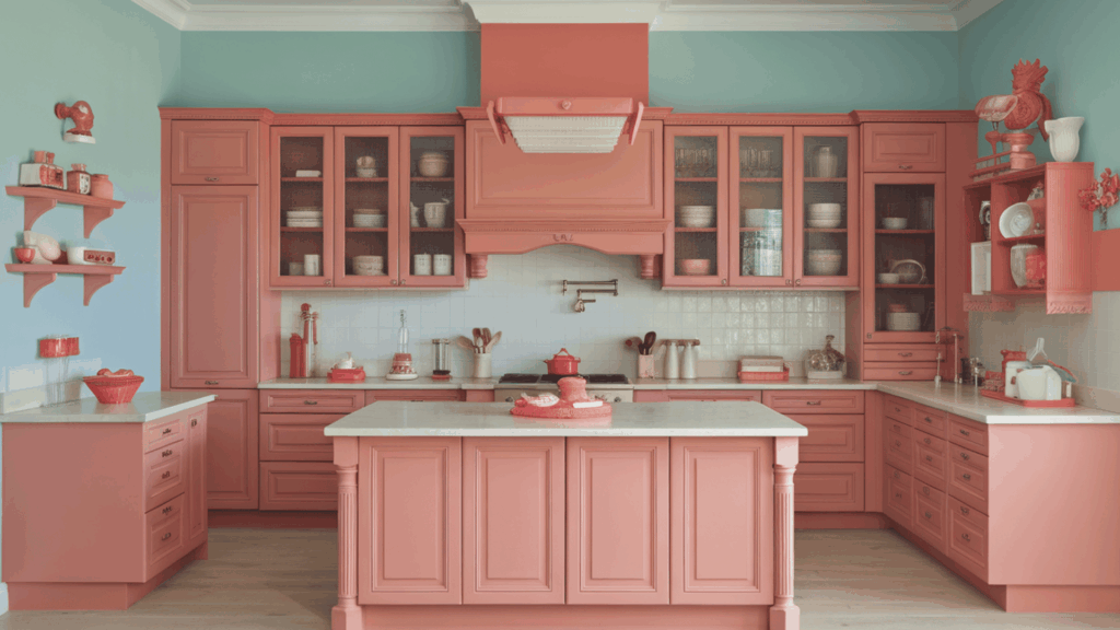 kitchen with coral cabinets, blue walls, and central island.
