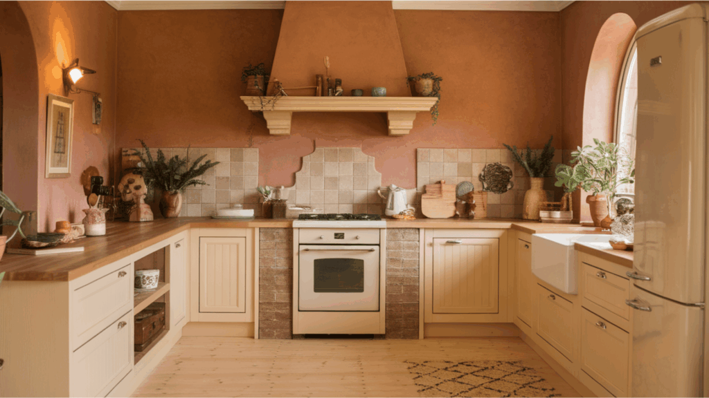 kitchen with cream cabinets, large island, beige walls, and glass-front cupboards.