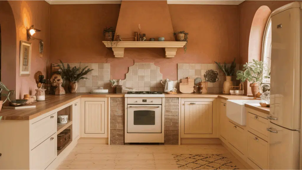 kitchen with cream cabinets, large island, beige walls, and glass-front cupboards.