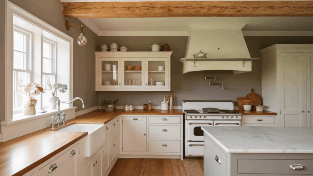 kitchen with cream cabinets, wood countertops, and rustic beam ceiling.