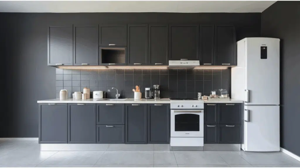 kitchen with dark gray cabinets, black backsplash, white fridge, and minimal decor.
