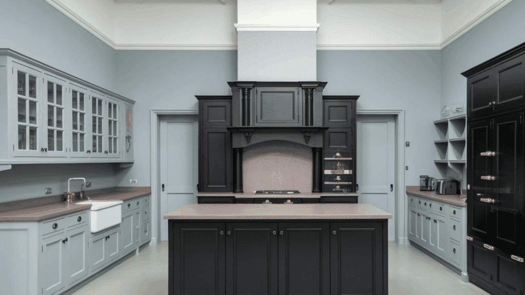 kitchen with dark gray cabinets, black backsplash, white fridge, and minimal decor. (1)