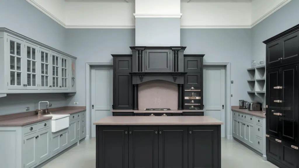 kitchen with dark gray cabinets, black backsplash, white fridge, and minimal decor. (1)