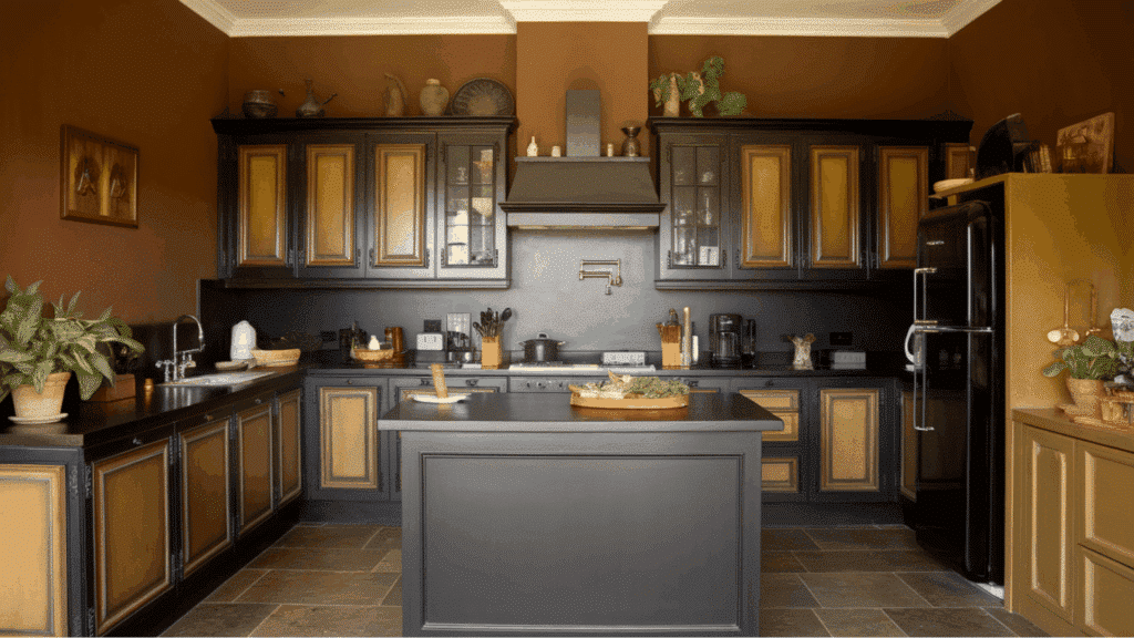 kitchen with dark wood cabinets, brown walls, and black island with warm lighting.