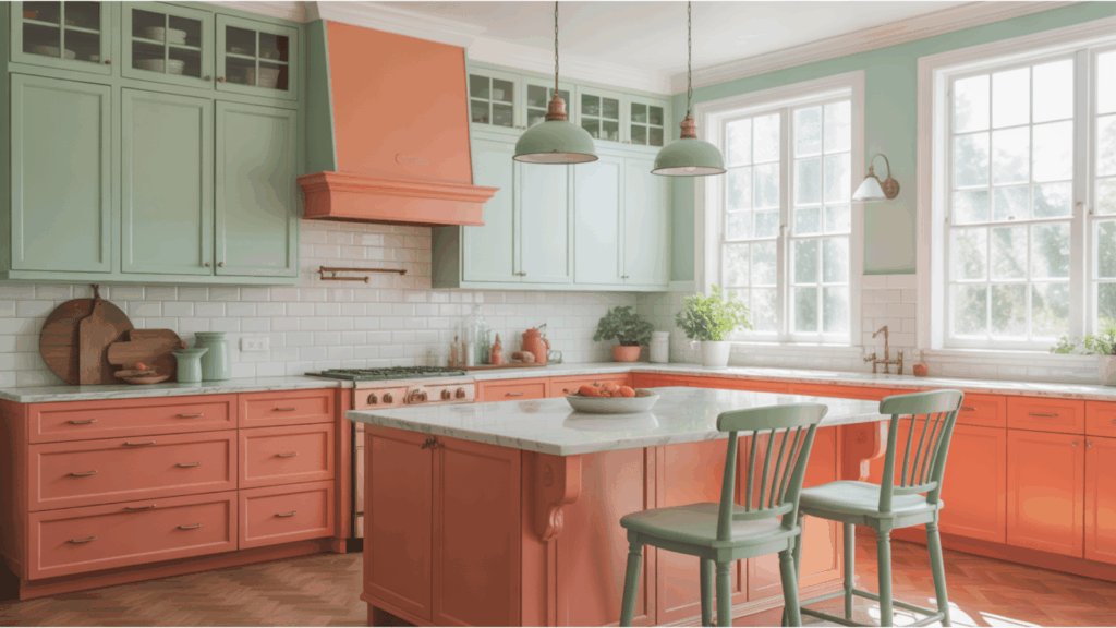 kitchen with mint green cabinets, coral accents, and a bright island centerpiece.
