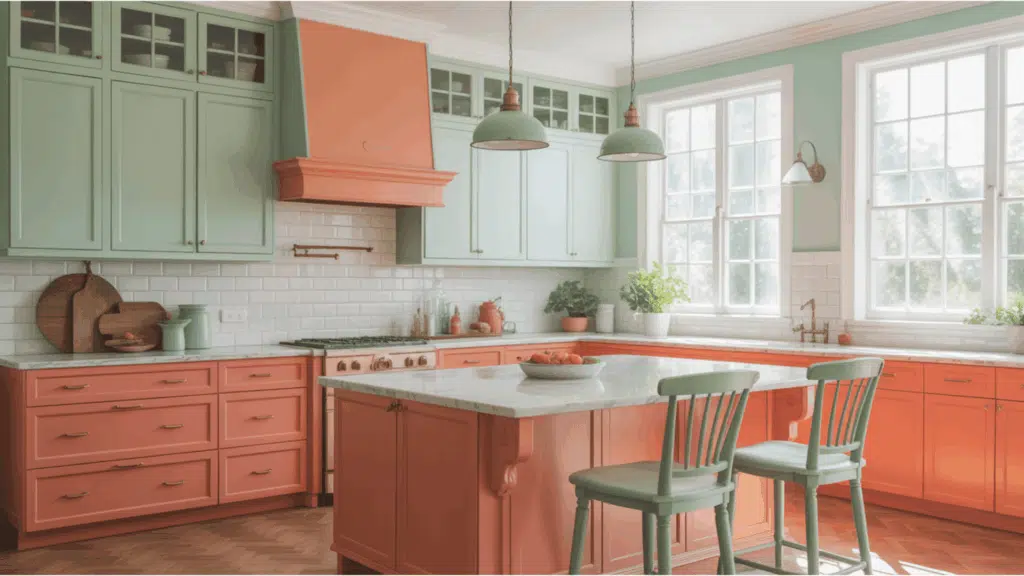 kitchen with mint green cabinets, coral accents, and a bright island centerpiece.