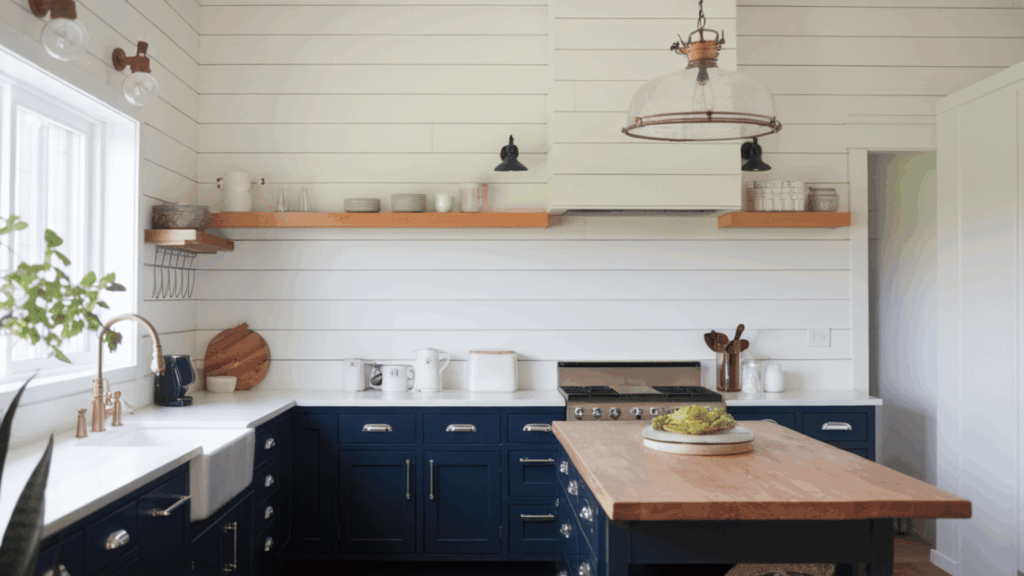 kitchen with navy cabinets, wood island, and white shiplap walls.