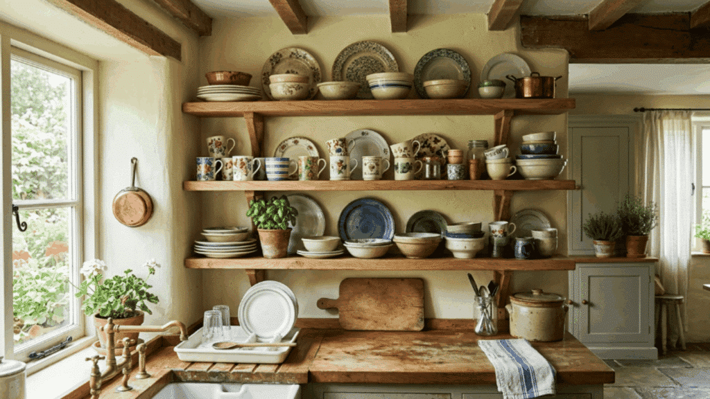 kitchen with open shelves mismatched dishes soft lighting and lived in cozy space creating a relaxed and welcoming kitchen environment
