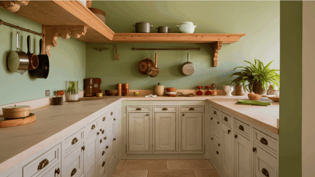 kitchen with sage green walls, white cabinets, wooden shelves, and hanging cookware